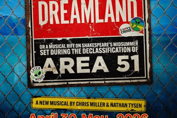 blue background with chainlink fence and singage saying dreamland and area 51
