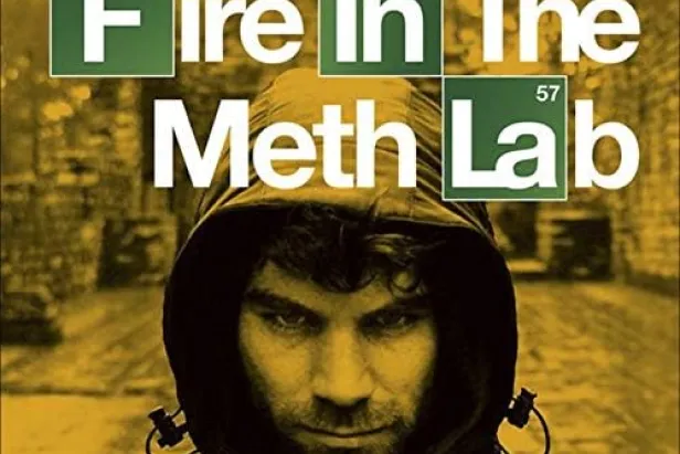A man in a hoodie on a yellow background for Fire in the Meth Lab
