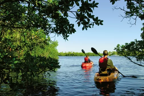 deux personnes faisant du kayak franchissant la fin d'un ruisseau, se dirigent vers un lac