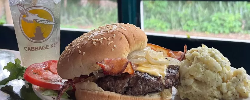 cheeseburger on plate with potato salad and drink on table at cabbage key