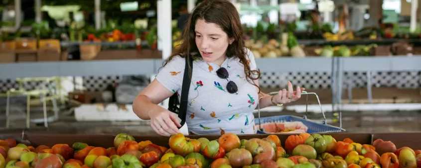 Frau, Laden, Bauernmarkt, Obst, Gemüse