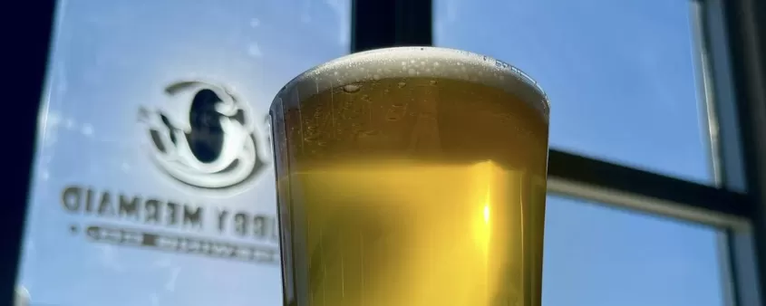 Ein Glas Bier neben einem Fenster