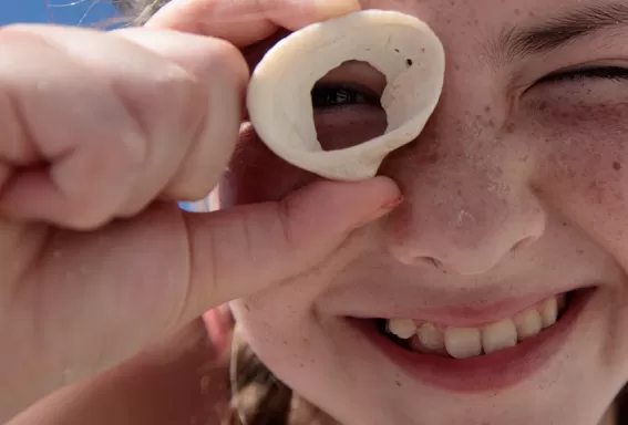 Kind schaut durch eine Austernschale
