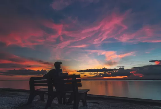 Homme assis sur un banc à Fort Myers regardant le coucher du soleil