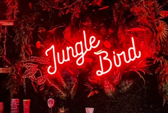 Un letrero de luz de neón que dice Jungle Bird se sienta encima de un bar