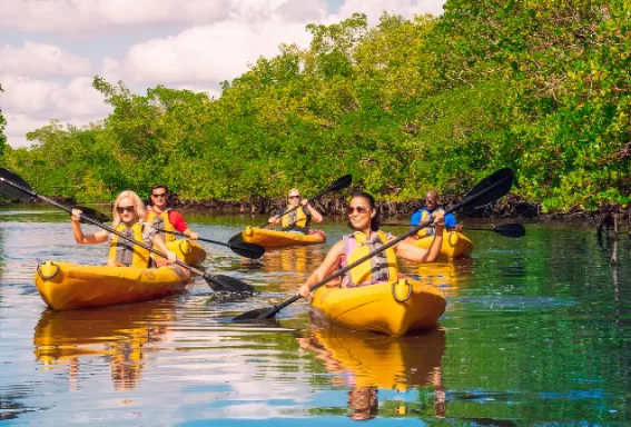 Group of people kayaking on river