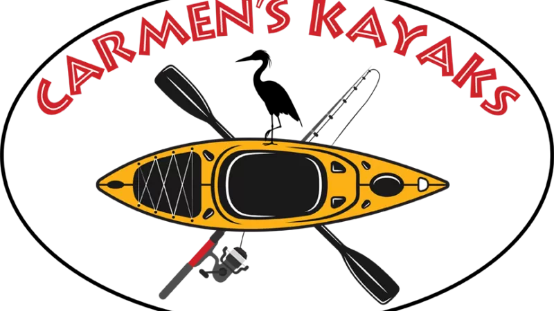 Logo avec kayak, pagaie, canne à pêche, oiseau
