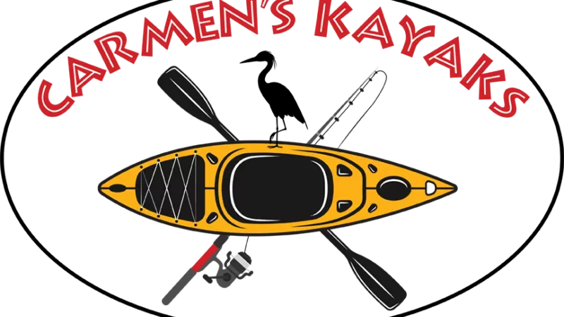 Logo con kayak, paleta, caña de pescar, pájaro