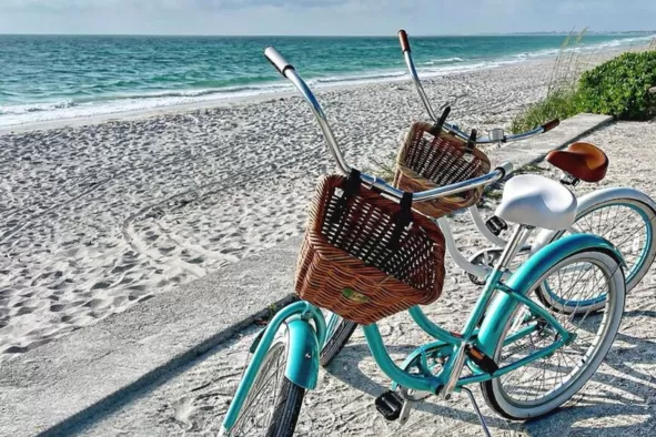 Bikes stand on the sand with the sparkling beach water in the background