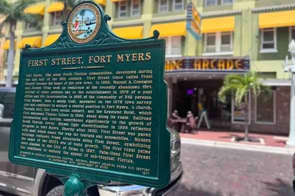A sign in the downtown historic river district