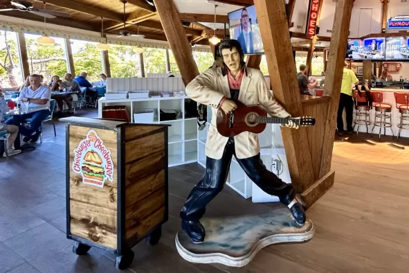 The Cheeburger Cheeburger lobby with a statue of Elvis on Sanibel Island