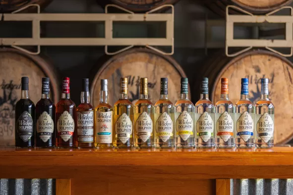A display of premium craft rums at award-winning Wicked Dolphin Distillery in Cape Coral