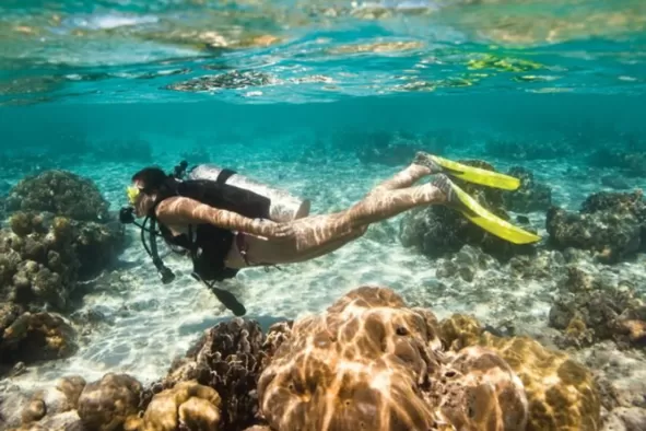 A woman swims underwater on a scuba diving adventure