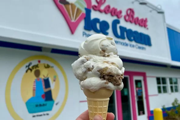 A delicious scoop of ice cream on a cone from Love Boat Ice Cream