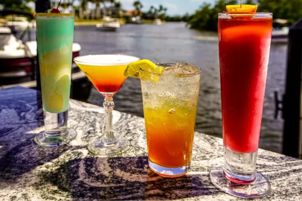 A variety of tropical drinks on display at Rumrunners on the water in Cape Coral