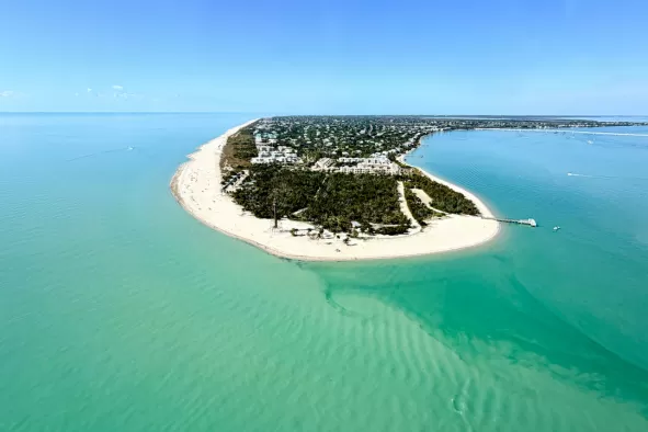 An aerial view of Sanibel Island from a Str8Up Aviation helicopter ride