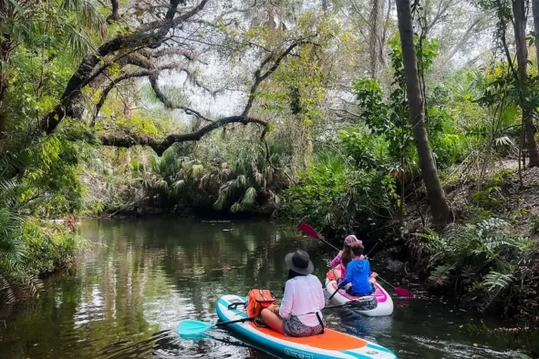 A family enjoys a paddle along the Estero River
