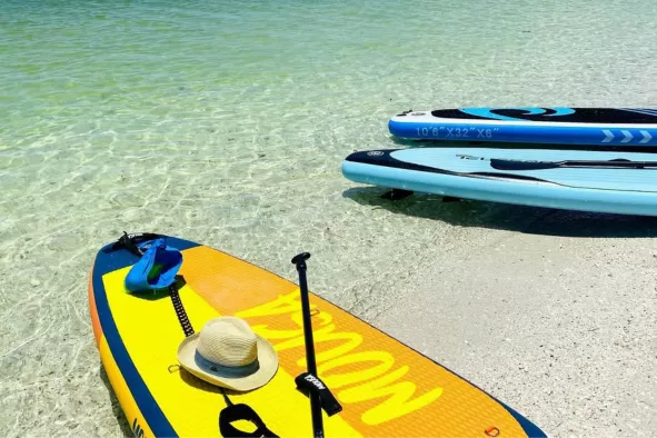 Paddleboards wait at the shoreline for the next group of paddlers