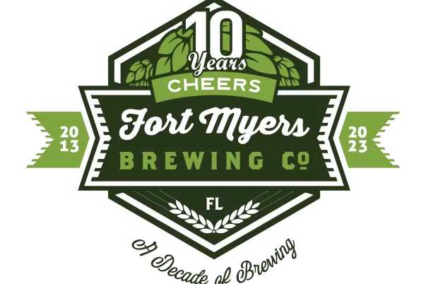 Fort Myers Brewing Company logo featuring 10th anniversary cheers to a decade of brewing