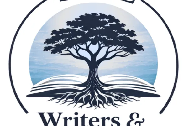 SWFL Writers & Creatives logo, featuring a mangrove tree growing out of an open book, with roots growing beneath it against a blue gradient background