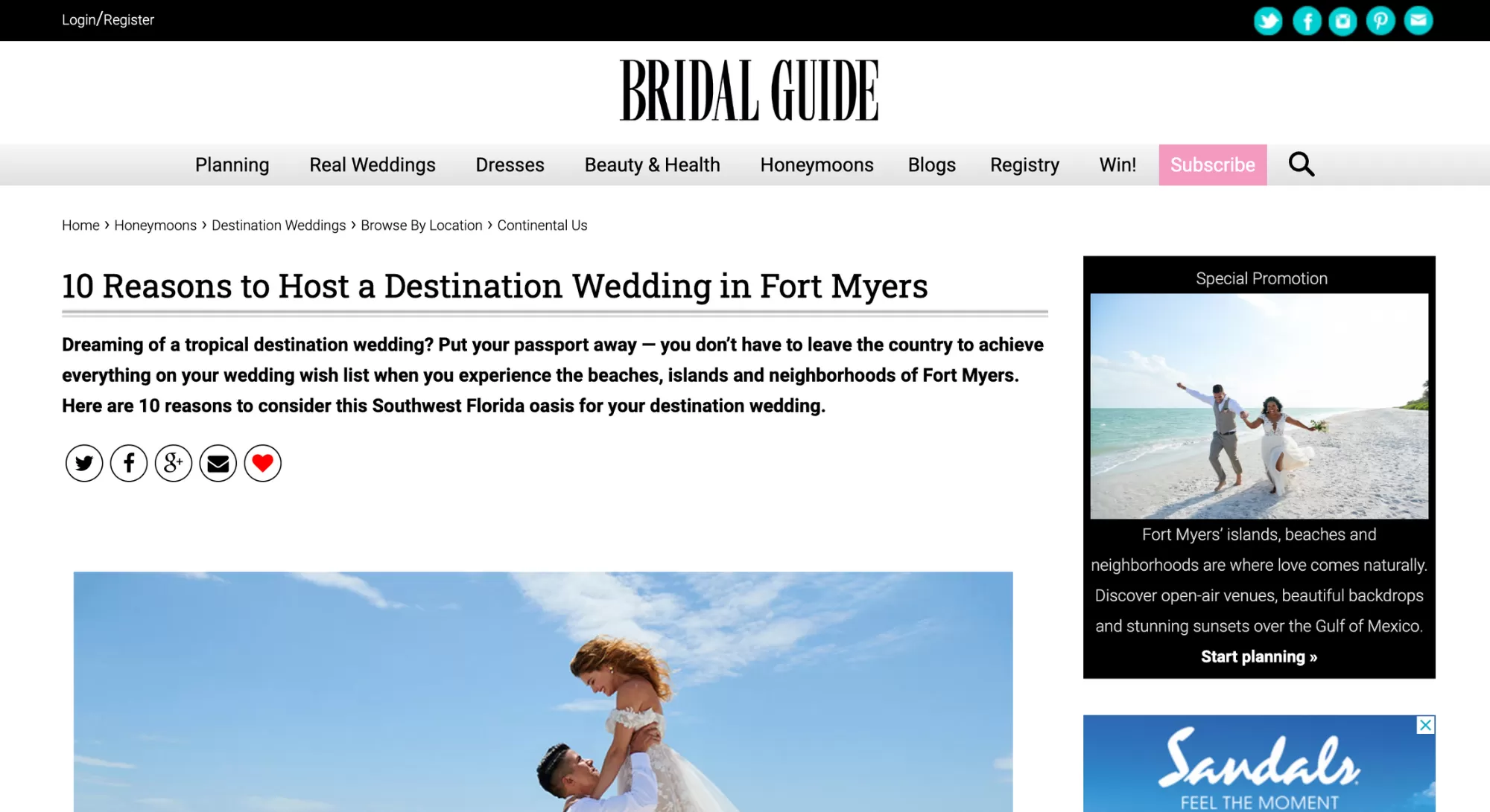 Screenshot of a custom article called 10 Reasons to Host a Destination Wedding in Fort Myers