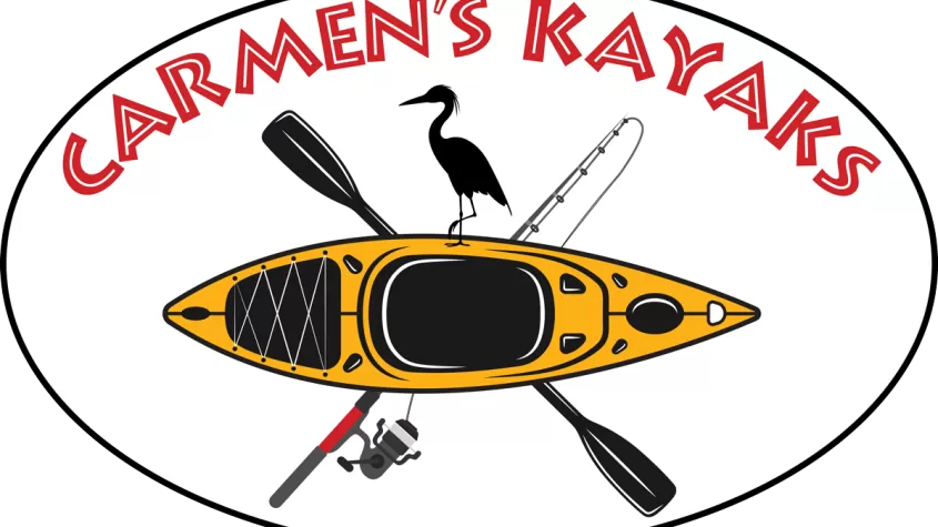 Logo with kayak, paddle, fishing pole, bird