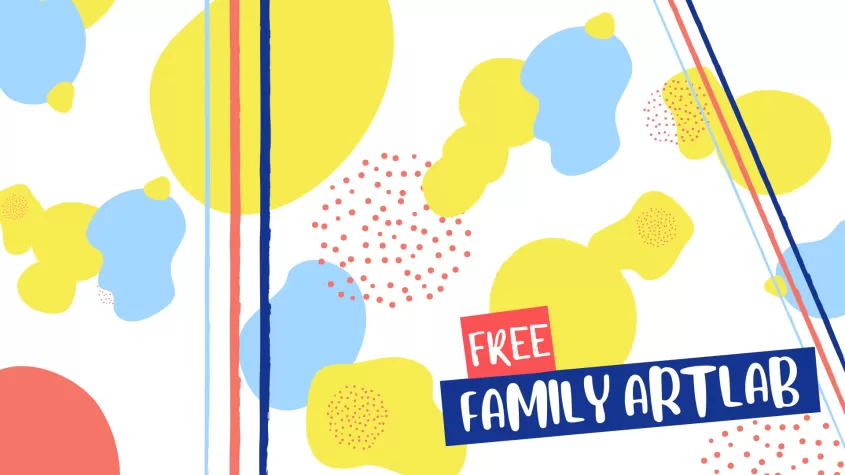 Yellow, Blue and Red splotches with white free family art lab text