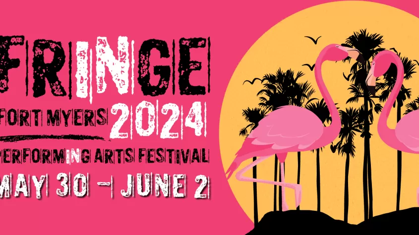 Pink background with yellow sun and two flamingoes with silhouetted palm trees behind them and balck and white font spelling out fringe fort myers 2024